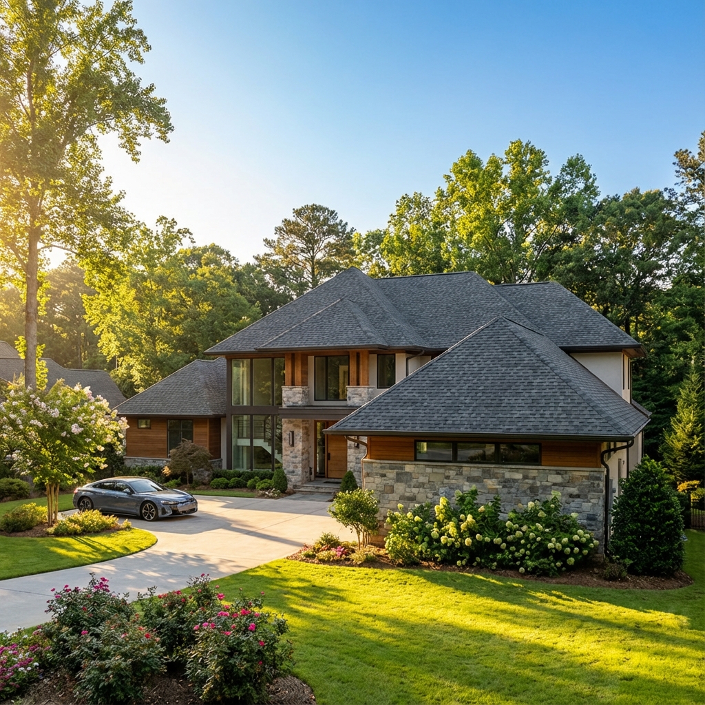 Modern luxury home with new charcoal architectural shingle roof